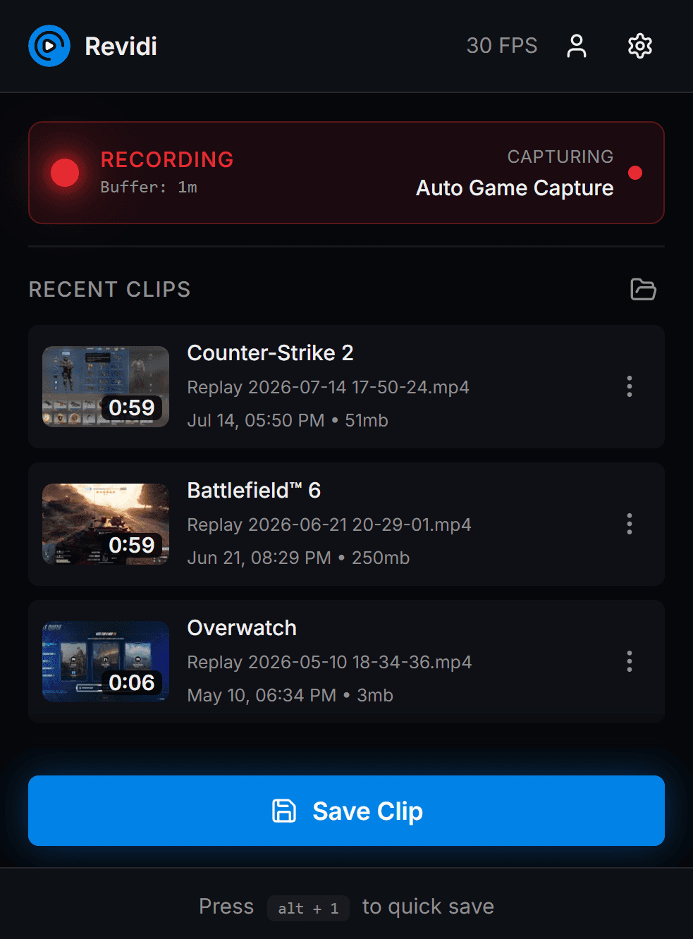 Revidi replay buffer app for Windows showing game capture and clip recording settings