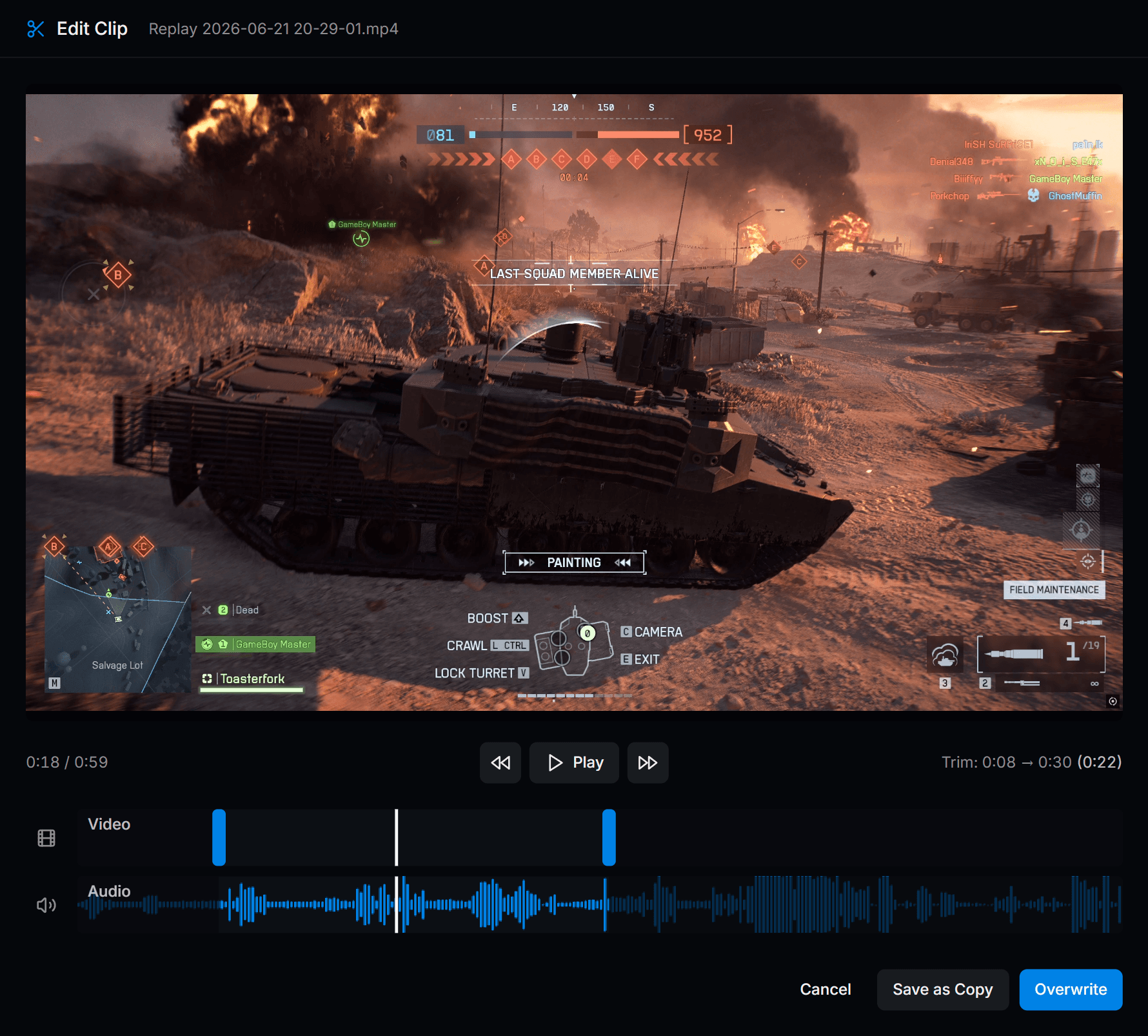 Revidi built-in clip editor trimming a gameplay recording on Windows