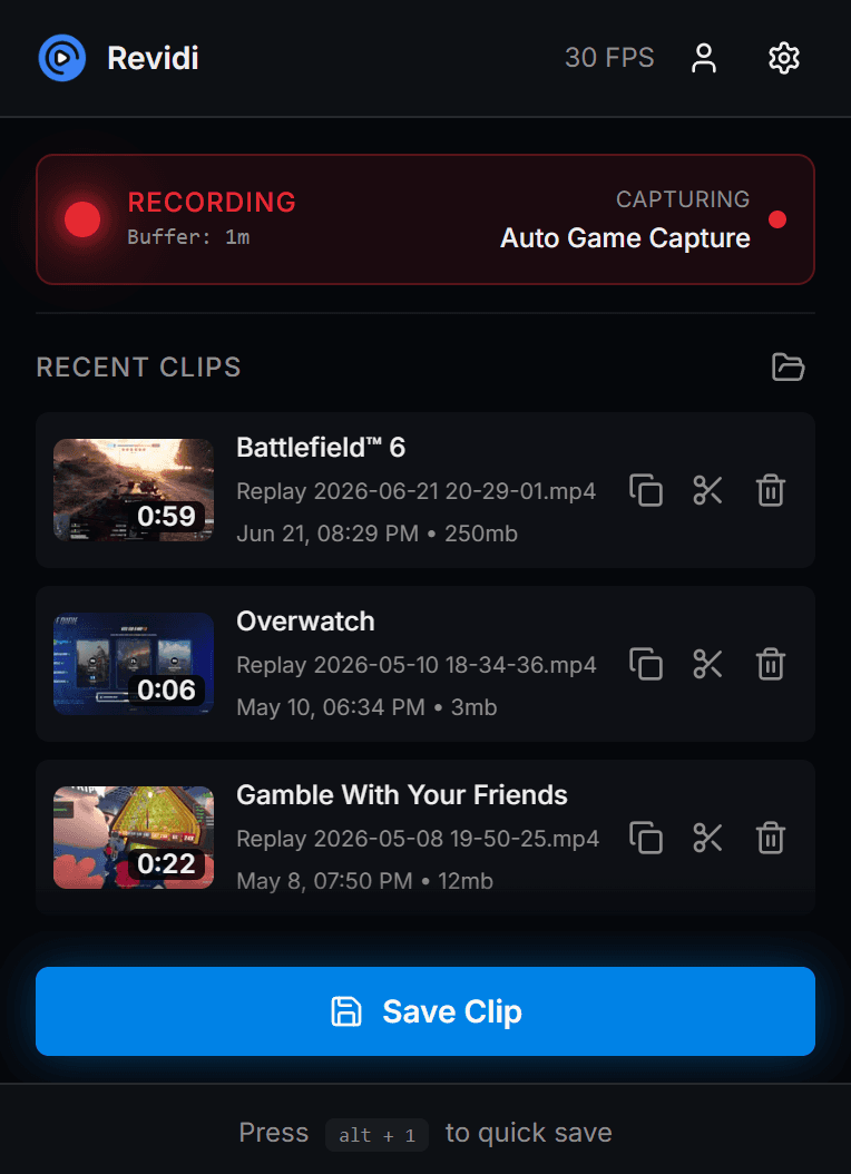 Revidi replay buffer app for Windows showing game capture and clip recording settings