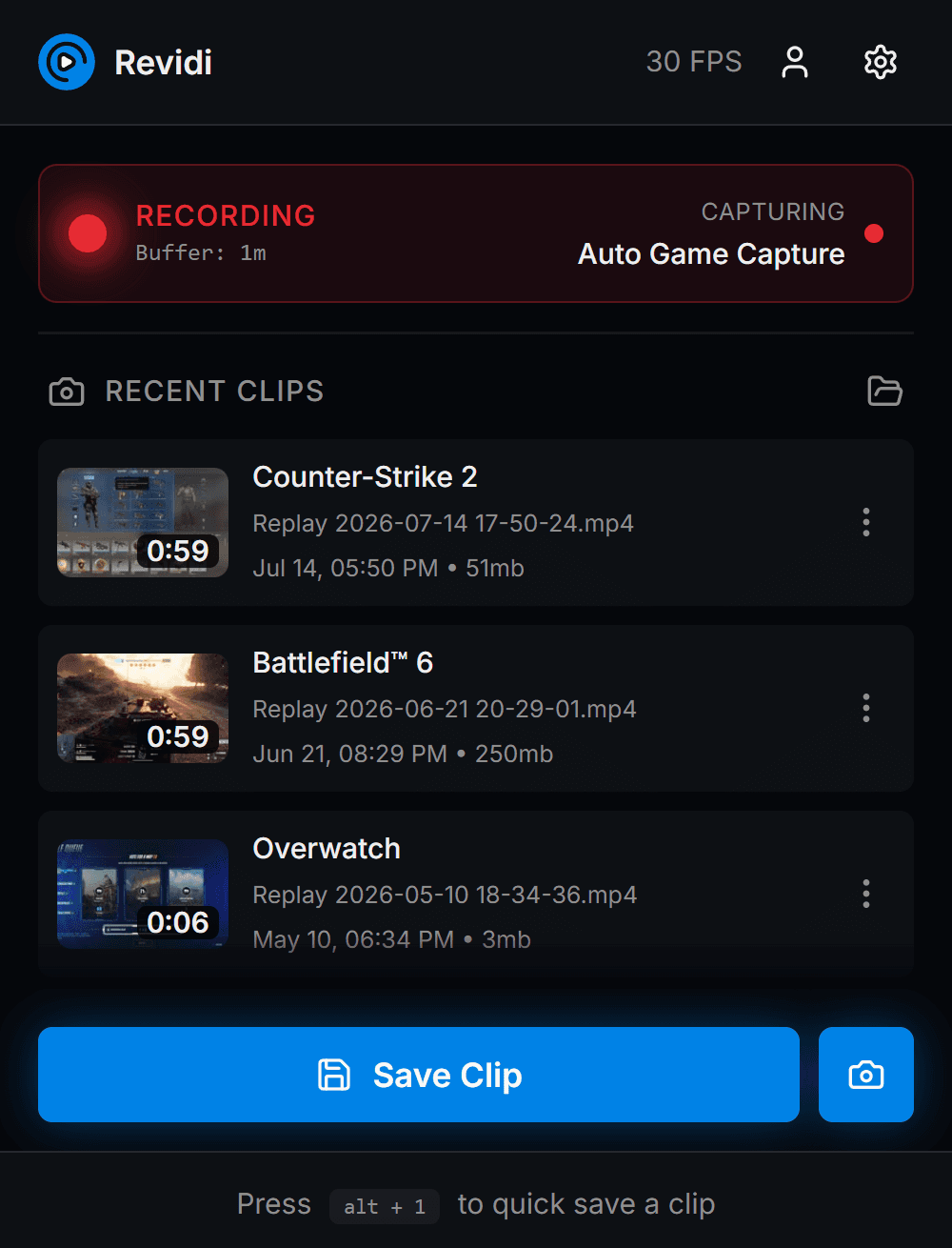 Revidi replay buffer app for Windows recording with auto game capture, showing recently saved clips