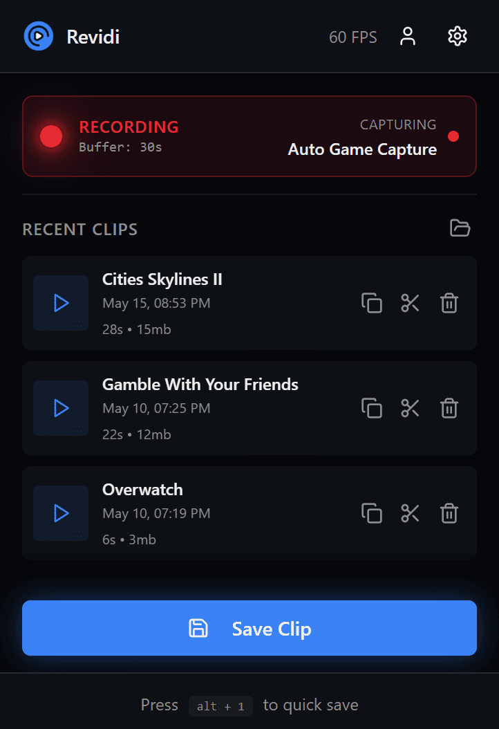 Revidi replay buffer app for Windows showing game capture and clip recording settings