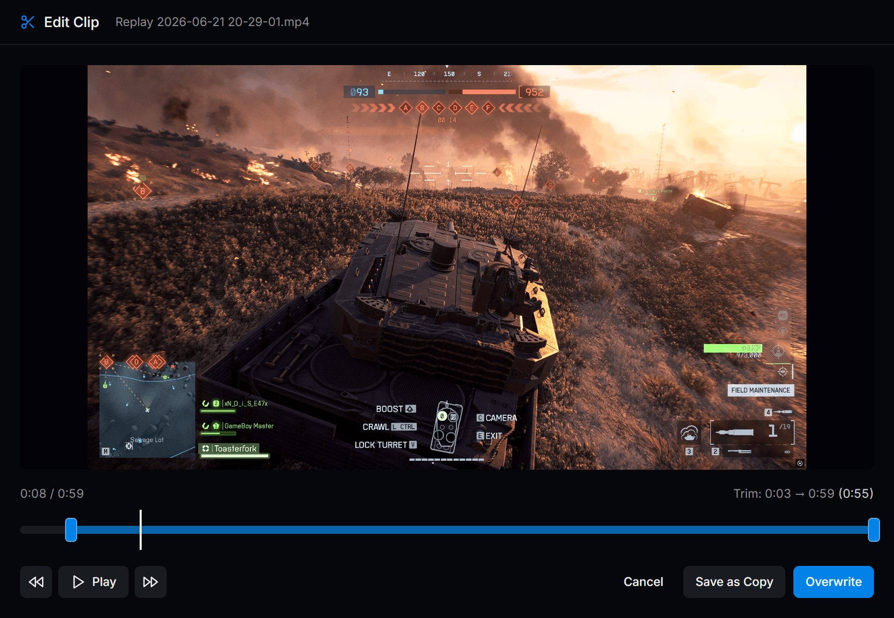 Revidi built-in clip editor trimming a gameplay recording on Windows