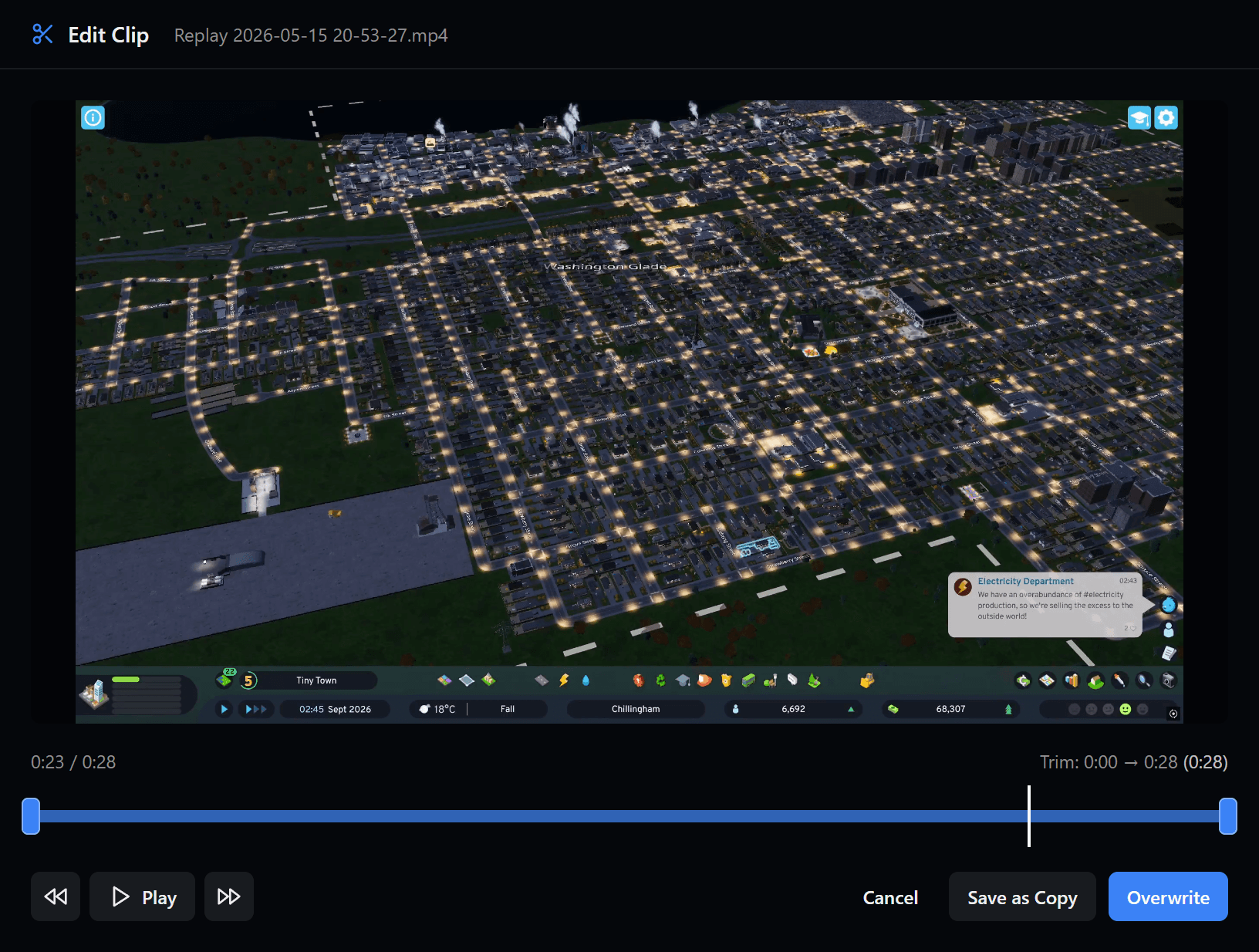 Revidi built-in clip editor trimming a gameplay recording on Windows